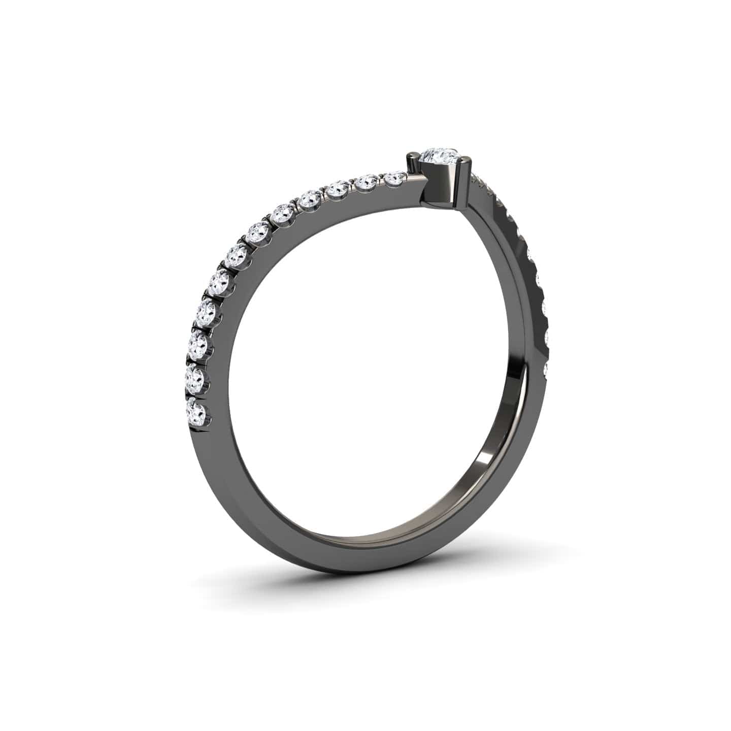 The White Diamond Classic Chevron Wedding Band - Mei-Lin features a sleek black metal band with a chevron row of small round diamonds and a central larger prong-set diamond, shown against a white background.