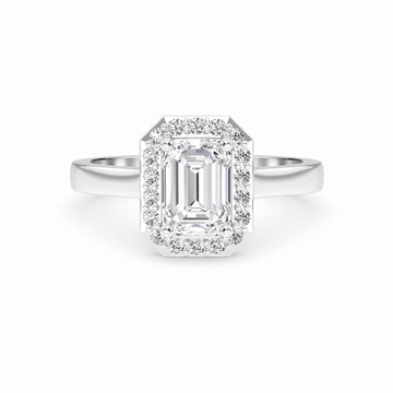 White Diamond Classic Halo Engagement Ring - Harperly - 18K White Gold - 0.290 Carat Emerald Diamond
