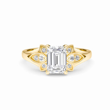 White Diamond Floral Accent Engagement Ring - Soledad - 18K Yellow Gold - 0.290 Carat Emerald Diamond