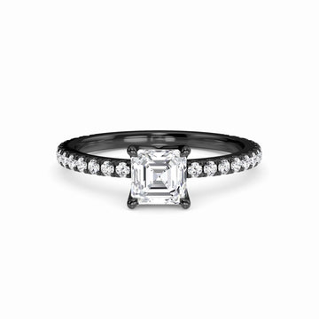White Diamond Pave Set Four-Prong Solitaire Engagement Ring - Brynlee - 18K Blackened Gold - 0.500 Carat Asscher Diamond