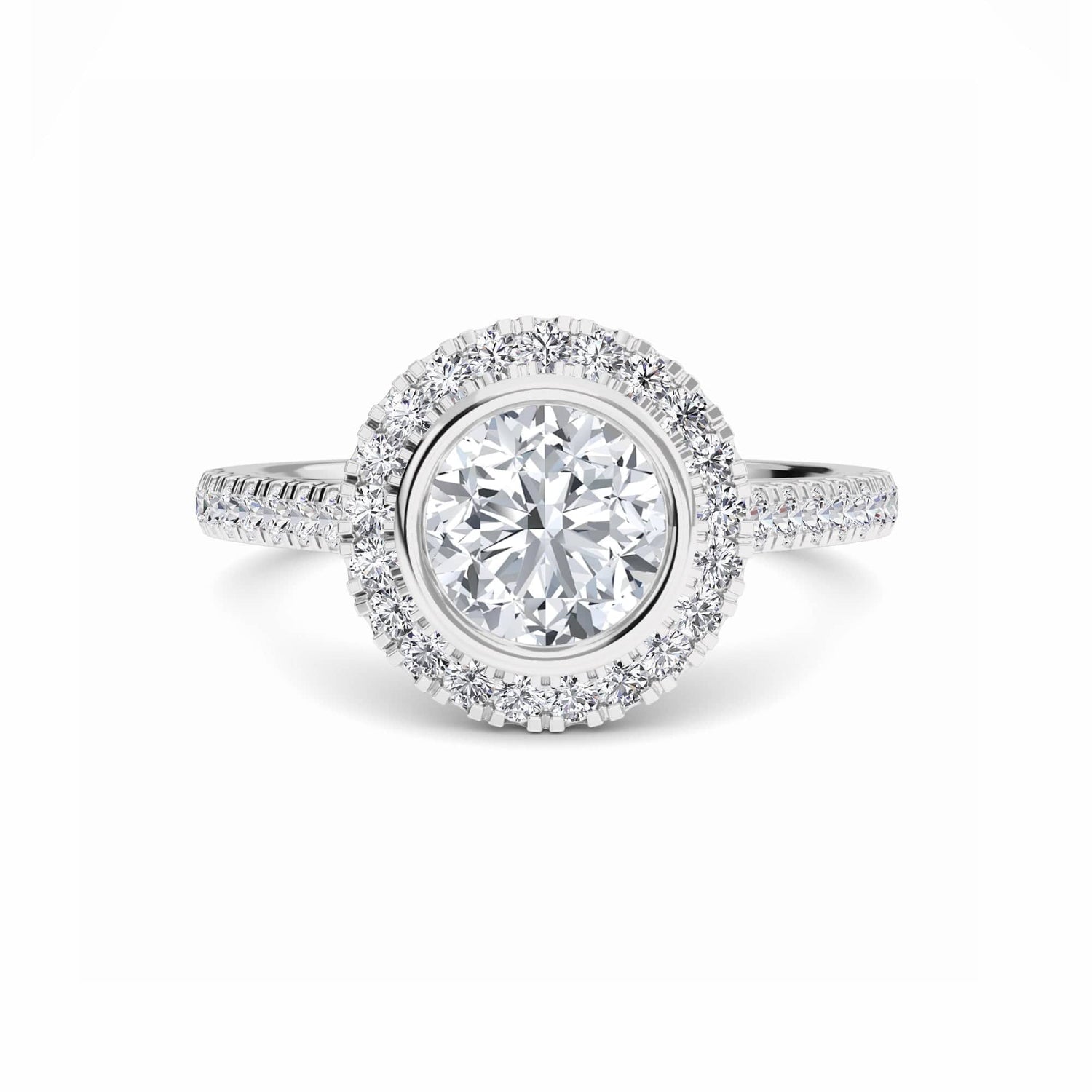 White Diamond Elegant Bezel-Set Pave Halo Engagement Ring - Vedika - 18K White Gold - 0.210 Carat Round Diamond