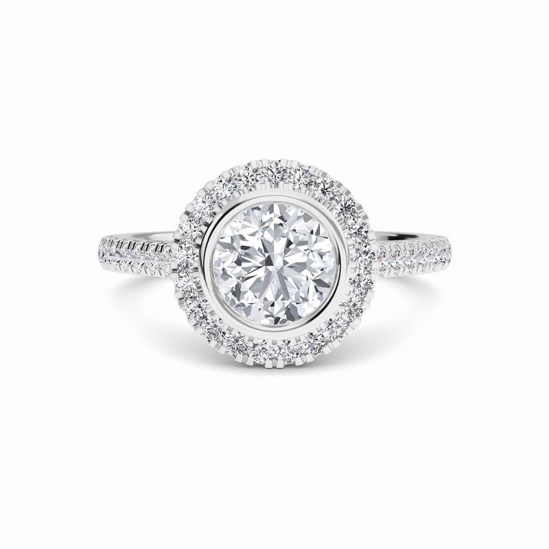 White Diamond Elegant Bezel-Set Pave Halo Engagement Ring - Vedika - 18K White Gold - 0.210 Carat Round Diamond