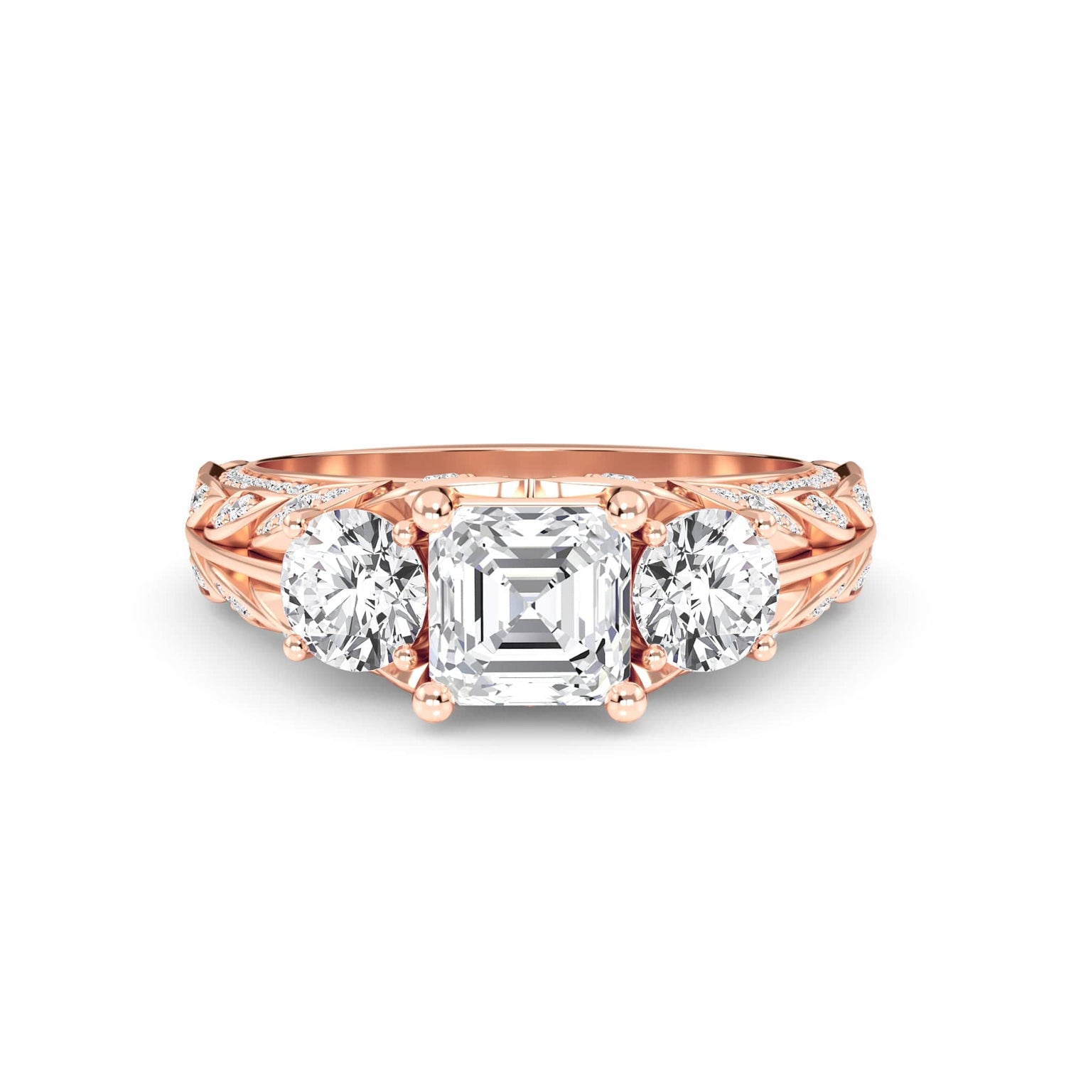White Diamond Vintage-Inspired Three-Stone Ring - Riley - 18K Rose Gold - 0.700 Carat Asscher Diamond