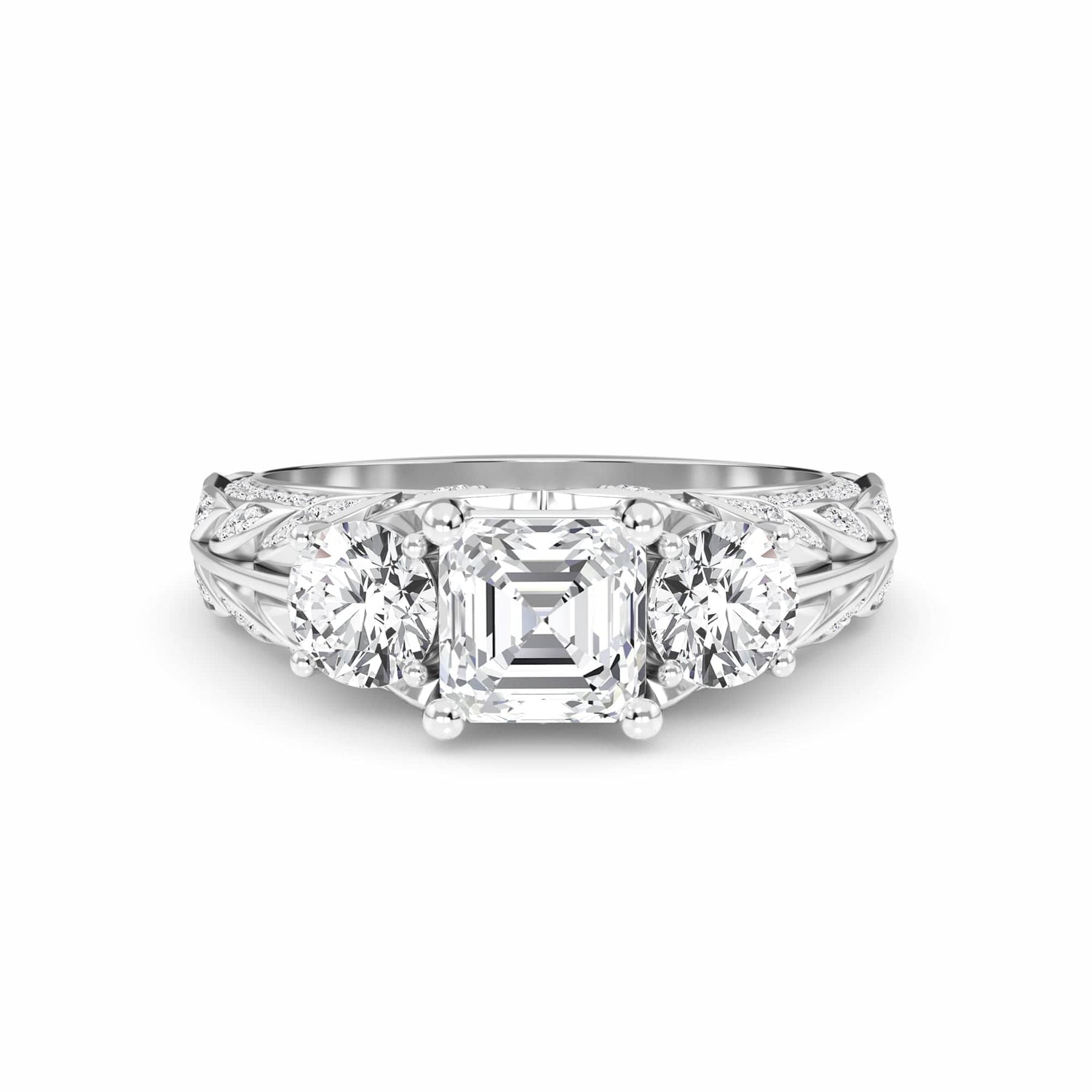 White Diamond Vintage-Inspired Three-Stone Ring - Riley - 18K White Gold - 0.500 Carat Asscher Diamond