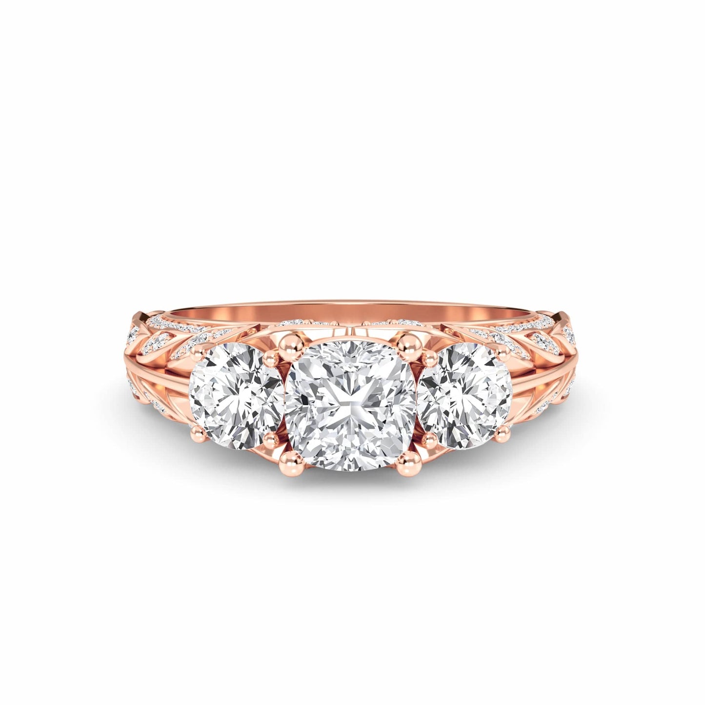 White Diamond Vintage-Inspired Three-Stone Ring - Riley - 18K Rose Gold - 0.390 Carat Cushion Diamond