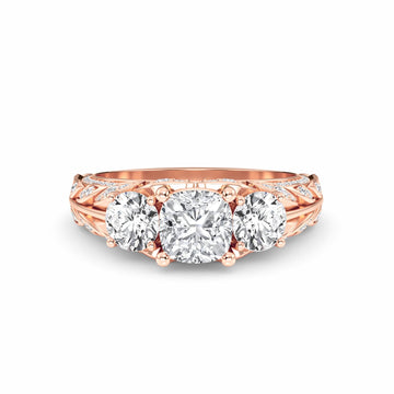 White Diamond Vintage-Inspired Three-Stone Ring - Riley - 18K Rose Gold - 0.390 Carat Cushion Diamond