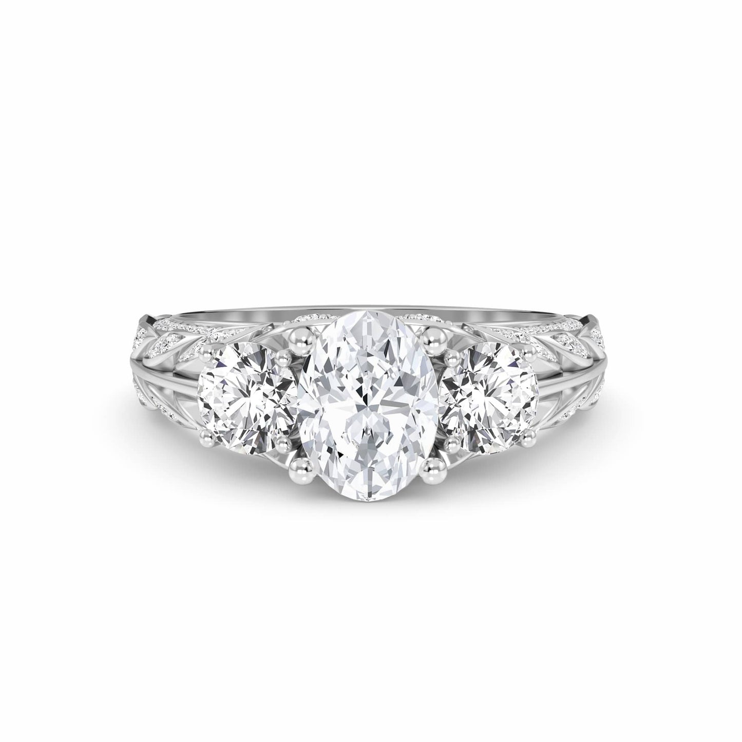 White Diamond Vintage-Inspired Three-Stone Ring - Riley - 18K White Gold - 1.010 Carat Oval Diamond