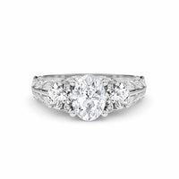 White Diamond Vintage-Inspired Three-Stone Ring - Riley - 18K White Gold - 1.010 Carat Oval Diamond