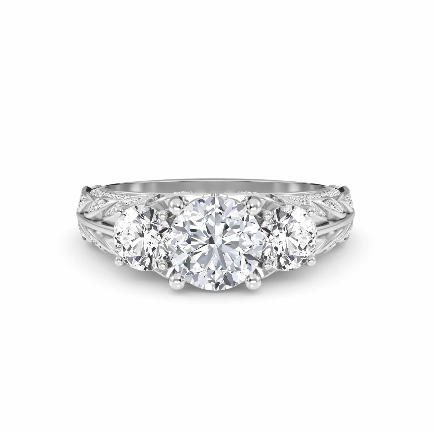White Diamond Vintage-Inspired Three-Stone Ring - Riley - 18K White Gold - 0.210 Carat Round Diamond