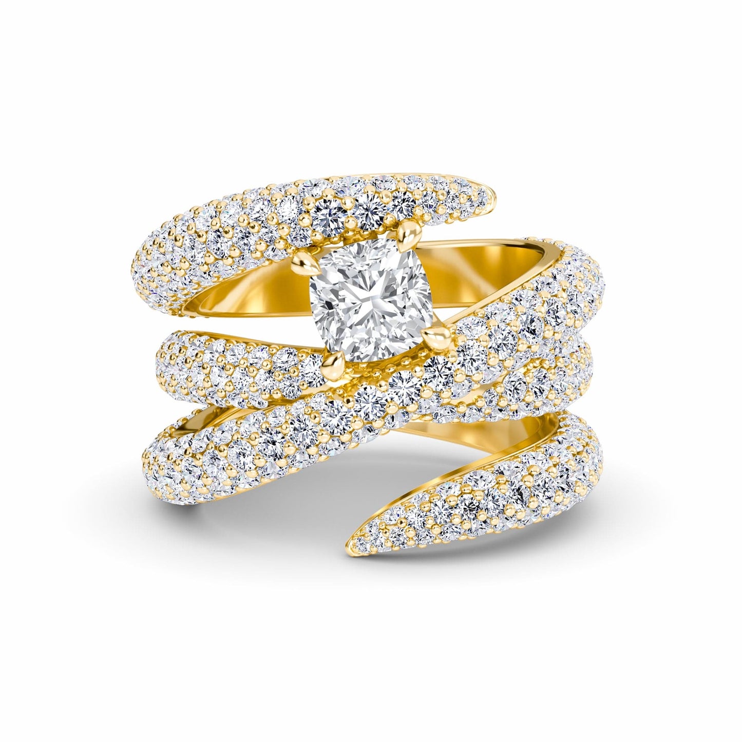 White Diamond Spiral Pave Statement Engagement Ring - Kennedy - 18K Yellow Gold - 1.100 Carat Cushion Diamond