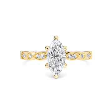 White Diamond Vintage Milgrain Solitaire Engagement Ring - Feiyan - 18K Yellow Gold - 0.320 Carat Marquise Diamond