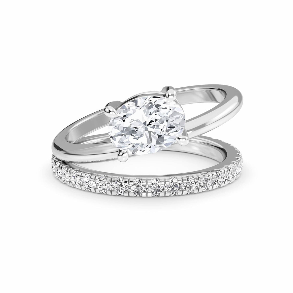 White Diamond Bridal Set with Pave Band Solitaire Engagement Ring - Hehua - 18K White Gold - 0.300 Carat Oval Diamond