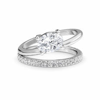 White Diamond Bridal Set with Pave Band Solitaire Engagement Ring - Hehua - 18K White Gold - 0.300 Carat Oval Diamond