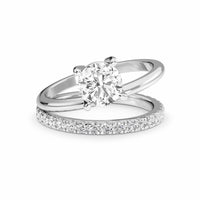 White Diamond Bridal Set with Pave Band Solitaire Engagement Ring - Hehua - 18K White Gold - 0.300 Carat Round Diamond