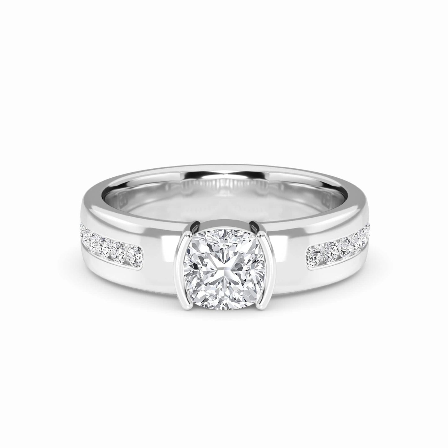 White Diamond Bezel-Set Accented Engagement Ring - Hollis - 18K White Gold - 1.050 Carat Cushion Diamond