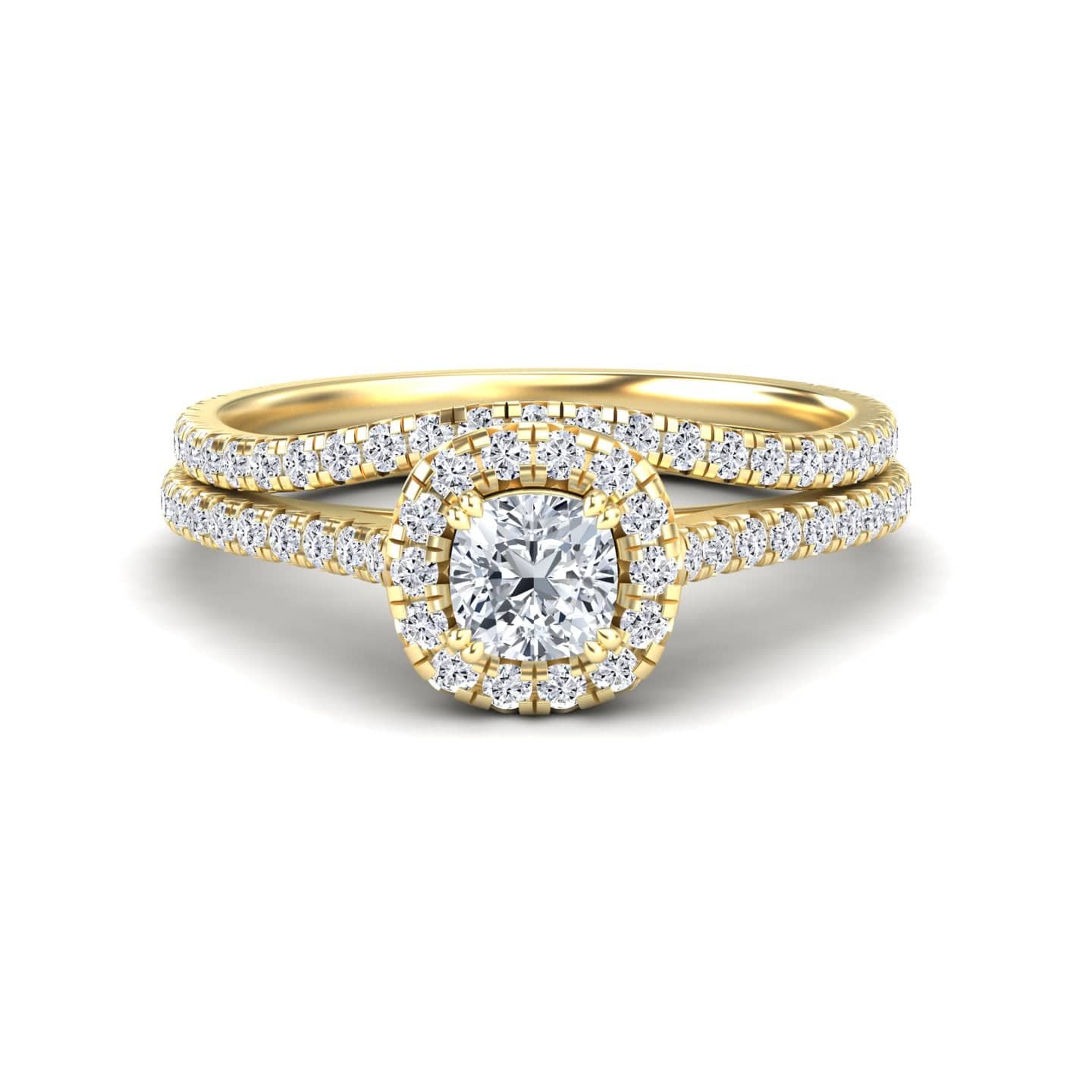 White Diamond Halo Bridal Ring Set Engagement Ring - Linlin - 18K Yellow Gold - 0.520 Carat Cushion Diamond