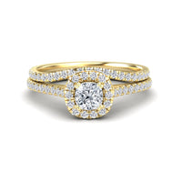 White Diamond Halo Bridal Ring Set Engagement Ring - Linlin - 18K Yellow Gold - 0.520 Carat Cushion Diamond