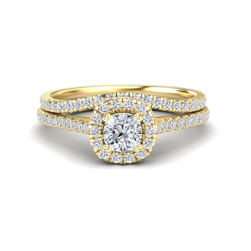 White Diamond Halo Bridal Ring Set Engagement Ring - Linlin - 18K Yellow Gold - 0.520 Carat Cushion Diamond