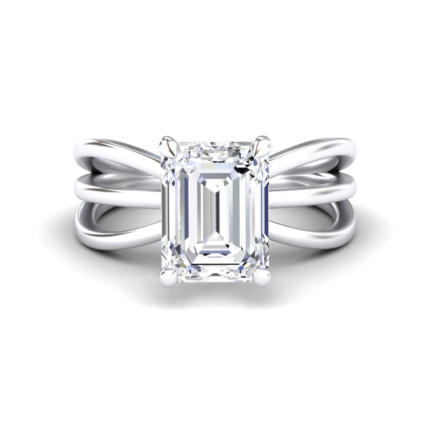 White Diamond Bypass Shank Twisted Band Solitaire Engagement Ring - Autumn - 18K White Gold - 2.200 Carat Emerald Diamond
