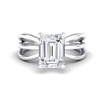 White Diamond Bypass Shank Twisted Band Solitaire Engagement Ring - Autumn - 18K White Gold - 2.200 Carat Emerald Diamond