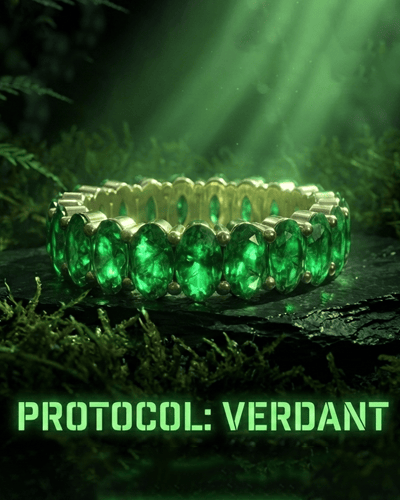 Green gemstone bracelet on a dark background with 'Protocol: Verdant' text.