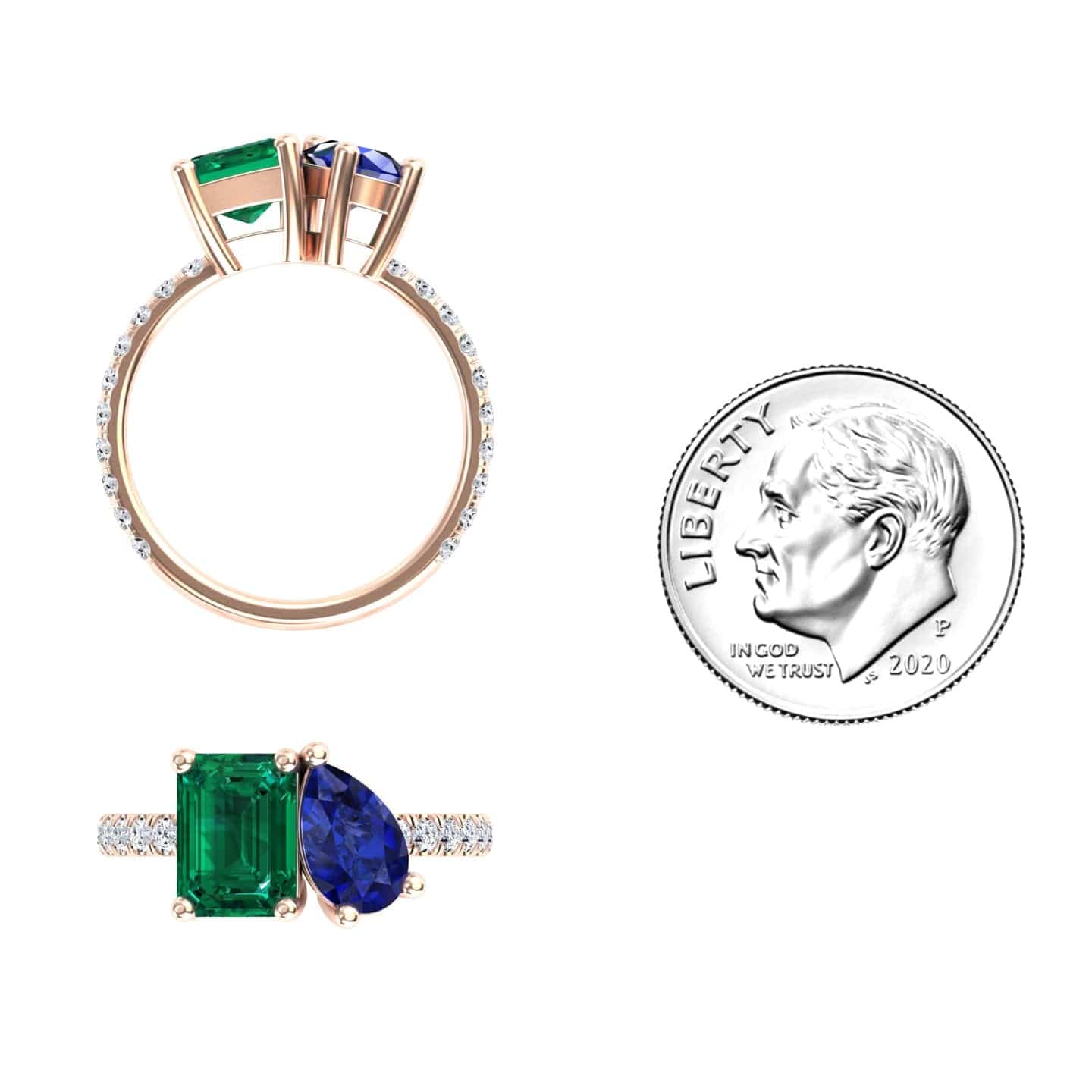 2.43-carat Lab Grown Emerald & Blue Sapphire Toi et Moi Ring in 14K white gold, Gauri style, coin view