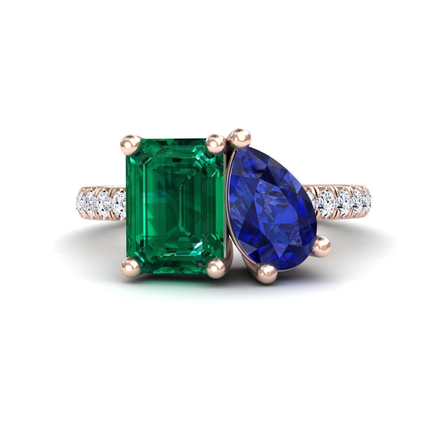2.43-carat Lab Grown Emerald & Blue Sapphire Toi et Moi Ring in 14K white gold, Gauri style, front view