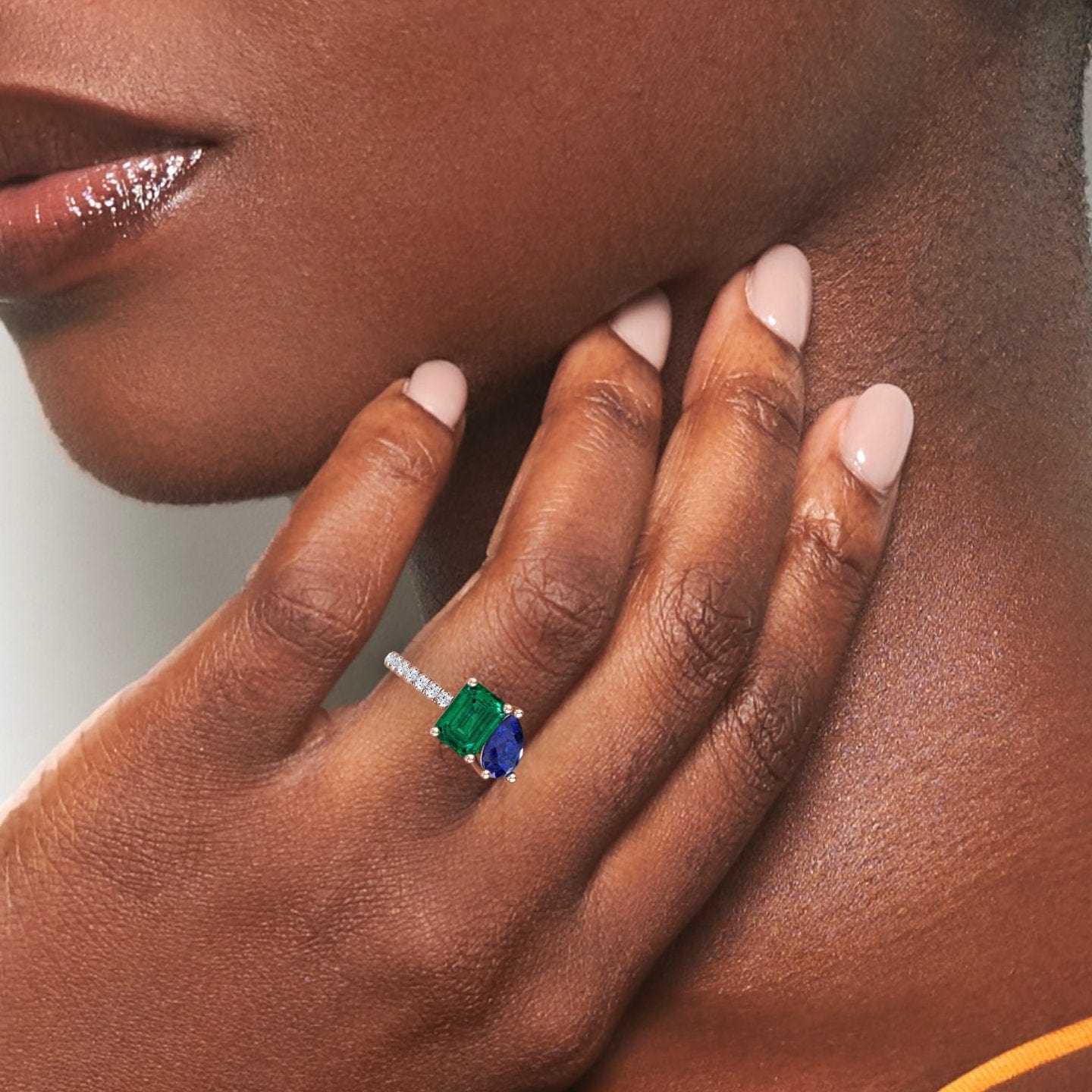 2.43-carat Lab Grown Emerald & Blue Sapphire Toi et Moi Ring in 14K white gold, Gauri style, hand view