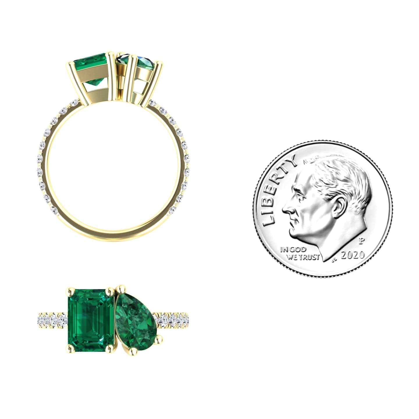 2.14-carat Lab Grown Emerald Toi et Moi Ring in 14K Yellow gold, Gauri style, coin view