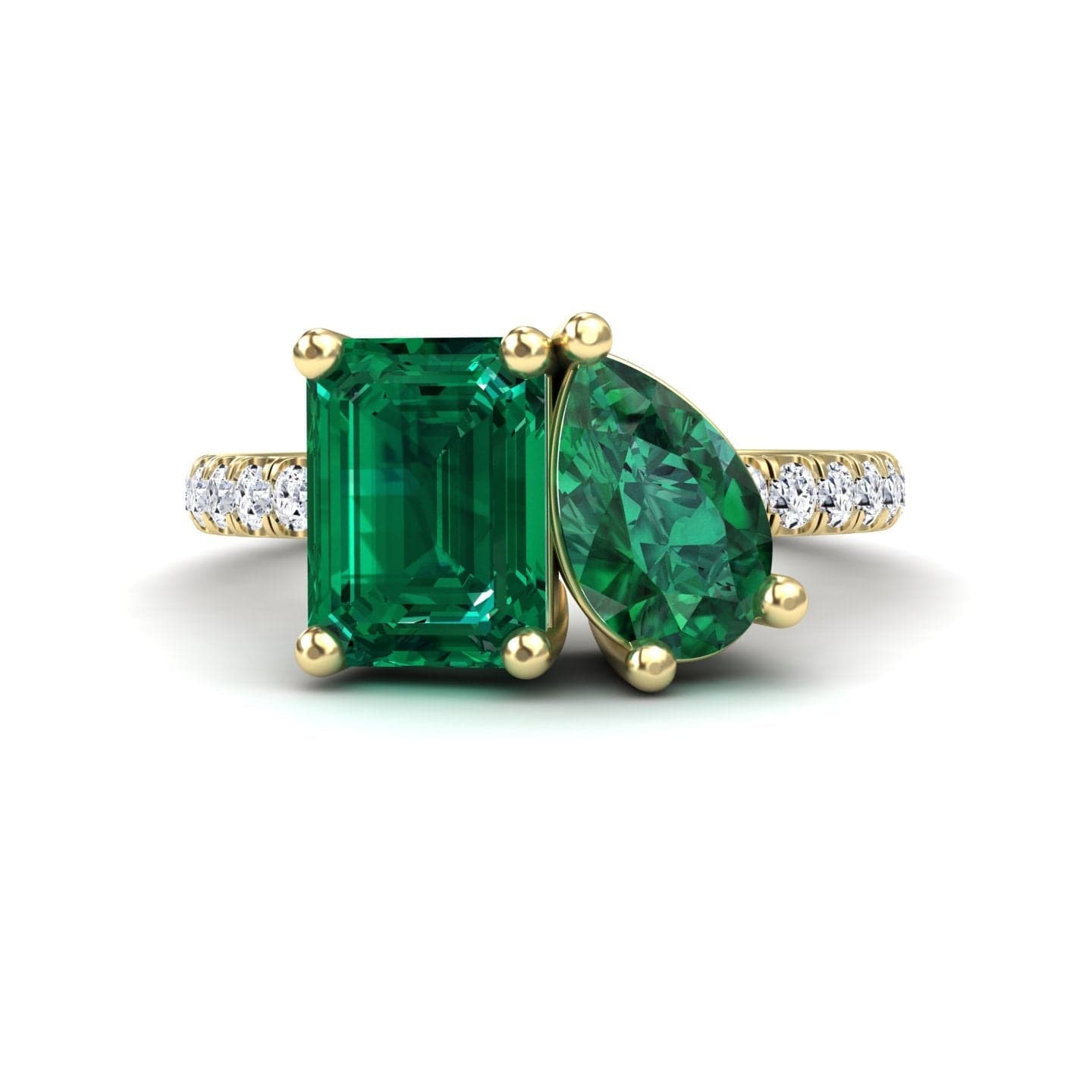2.14-carat Lab Grown Emerald Toi et Moi Ring in 14K Yellow gold, Gauri style, front view