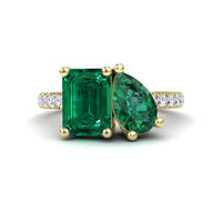 2.14-carat Lab Grown Emerald Toi et Moi Ring in 14K Yellow gold, Gauri style, front view