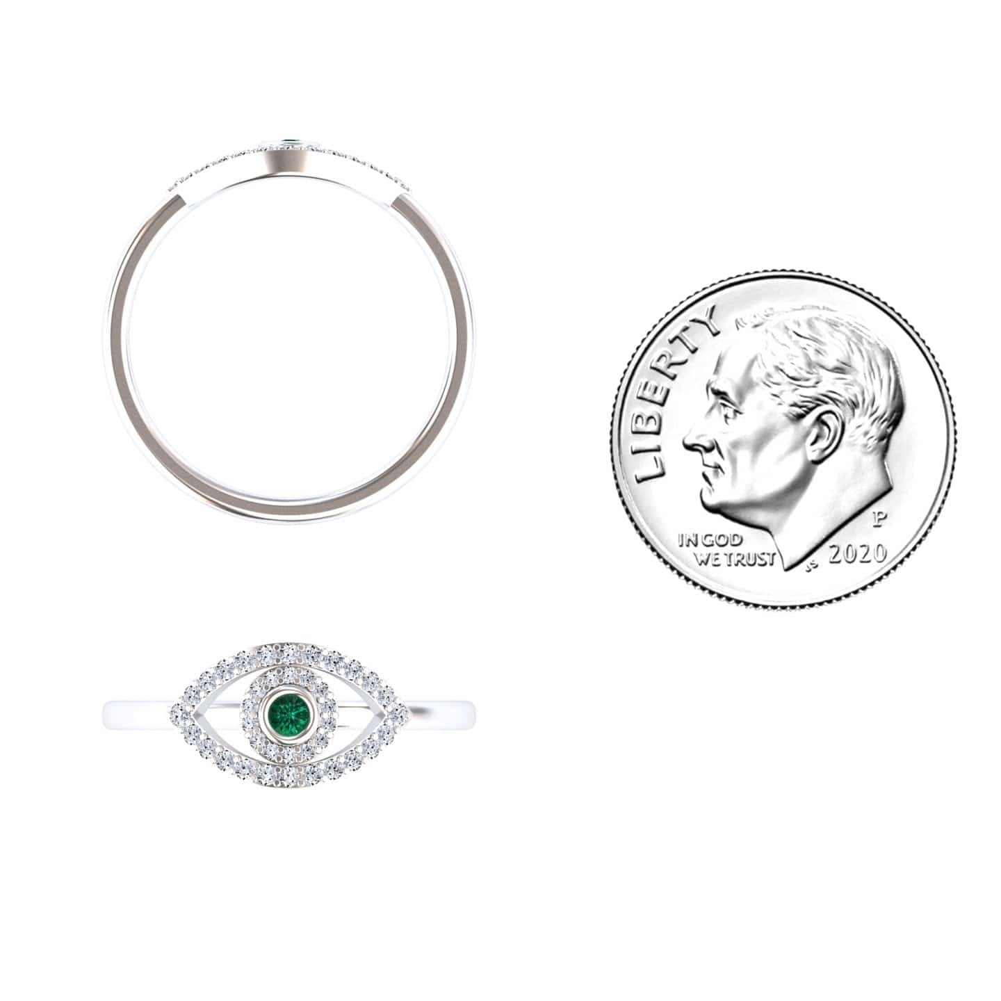 0.04 carat Emerald & Diamond Evil Eye Ring in 14K White gold, hazel style, coin view