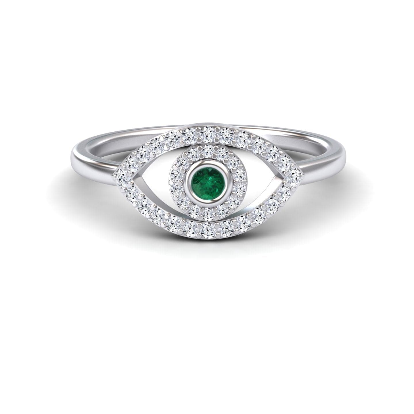 0.04 carat Emerald & Diamond Evil Eye Ring in 14K White gold, hazel style, front view