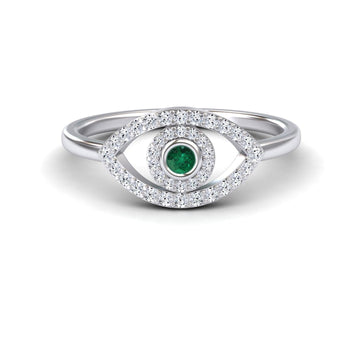0.04 carat Emerald & Diamond Evil Eye Ring in 14K White gold, hazel style, front view
