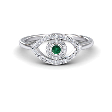 0.04 carat Emerald & Diamond Evil Eye Ring in 14K White gold, hazel style, front view