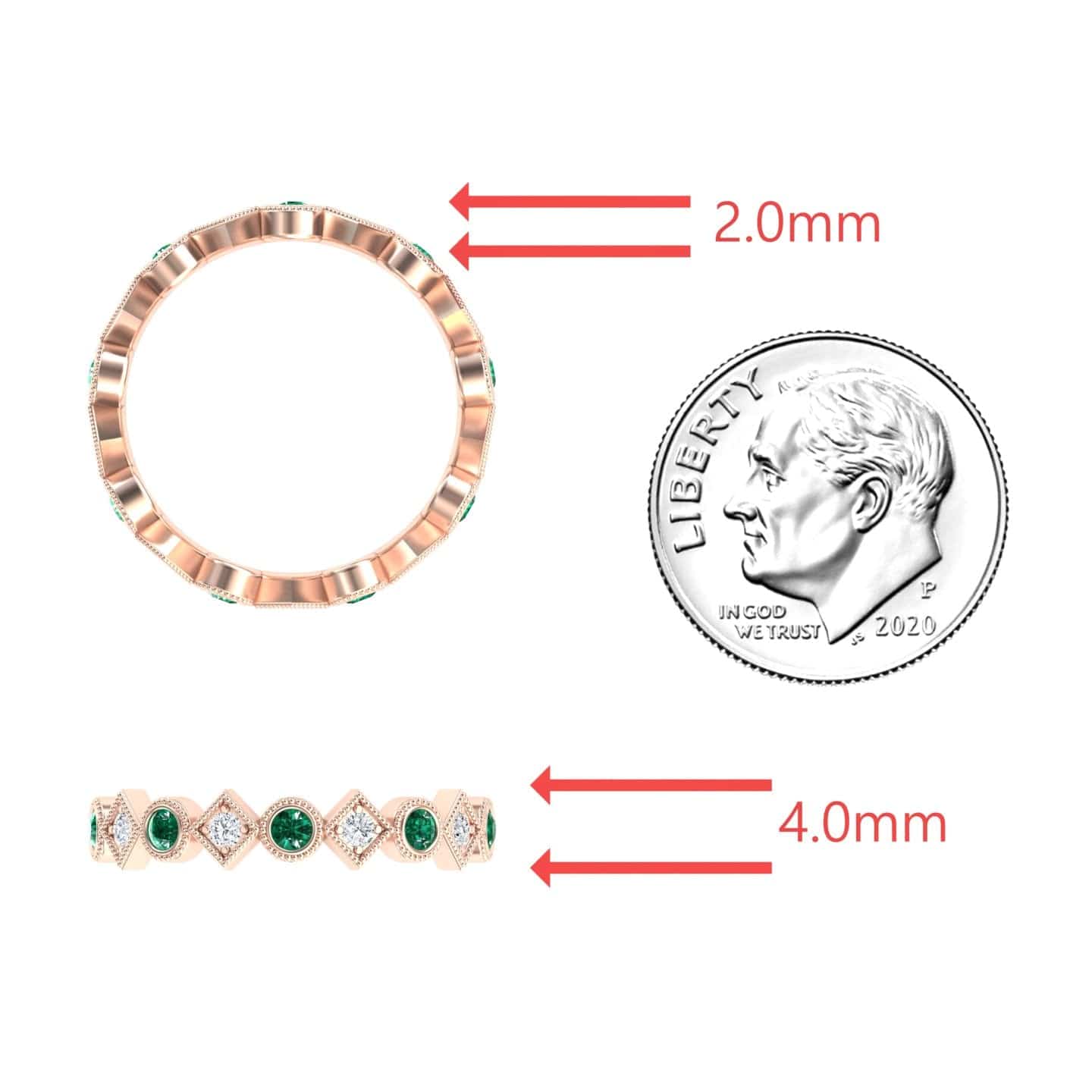 0.58 carat Emerald & Diamond Geometric Eternity Band in 18K Rose gold, Hetal style, coin view