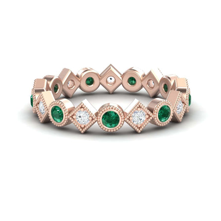 0.58 carat Emerald & Diamond Geometric Eternity Band in 18K Rose gold, Hetal style, front view