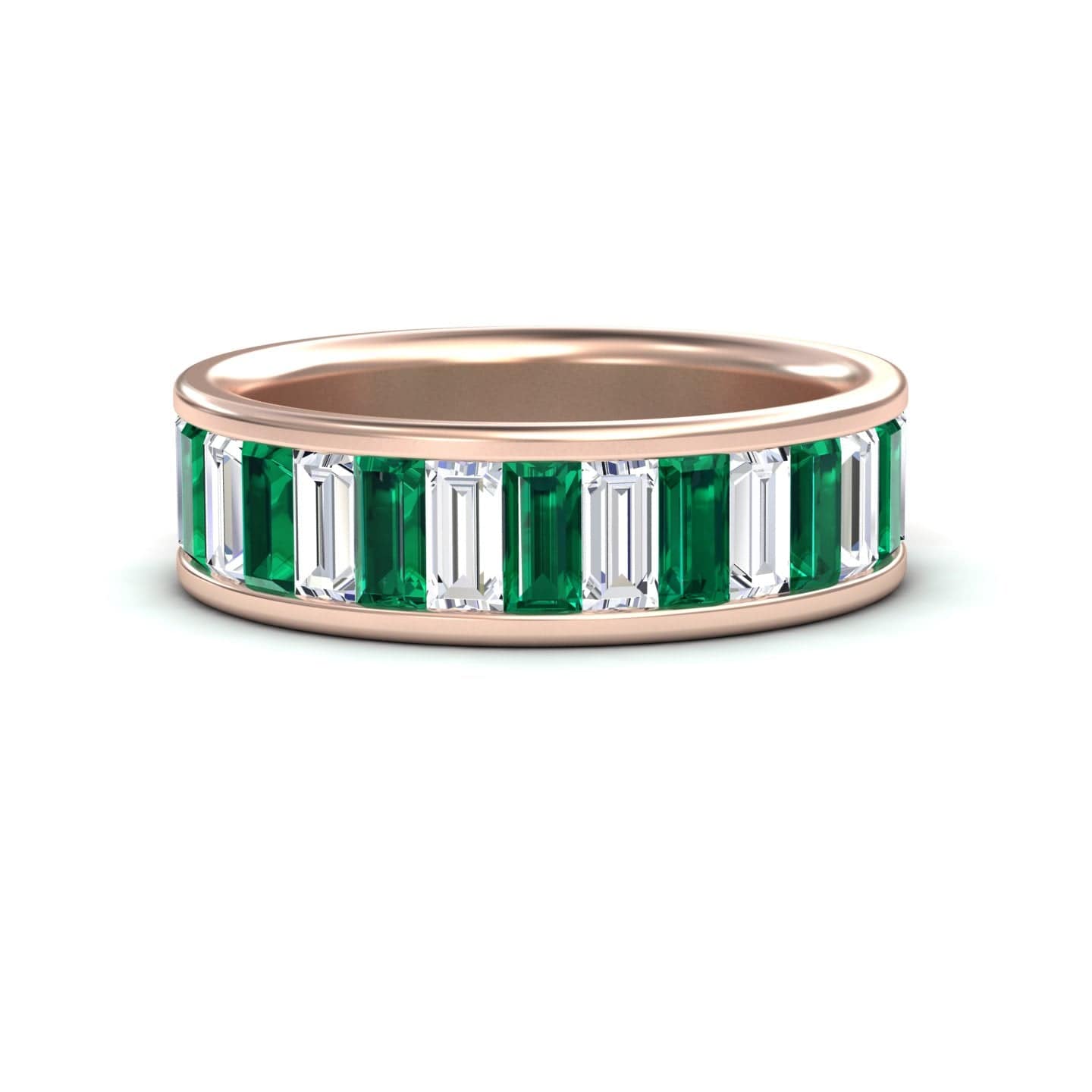 1.17-carat Emerald & Diamond Channel-Set Eternity Band in 14K Rose gold, kyra style, front view