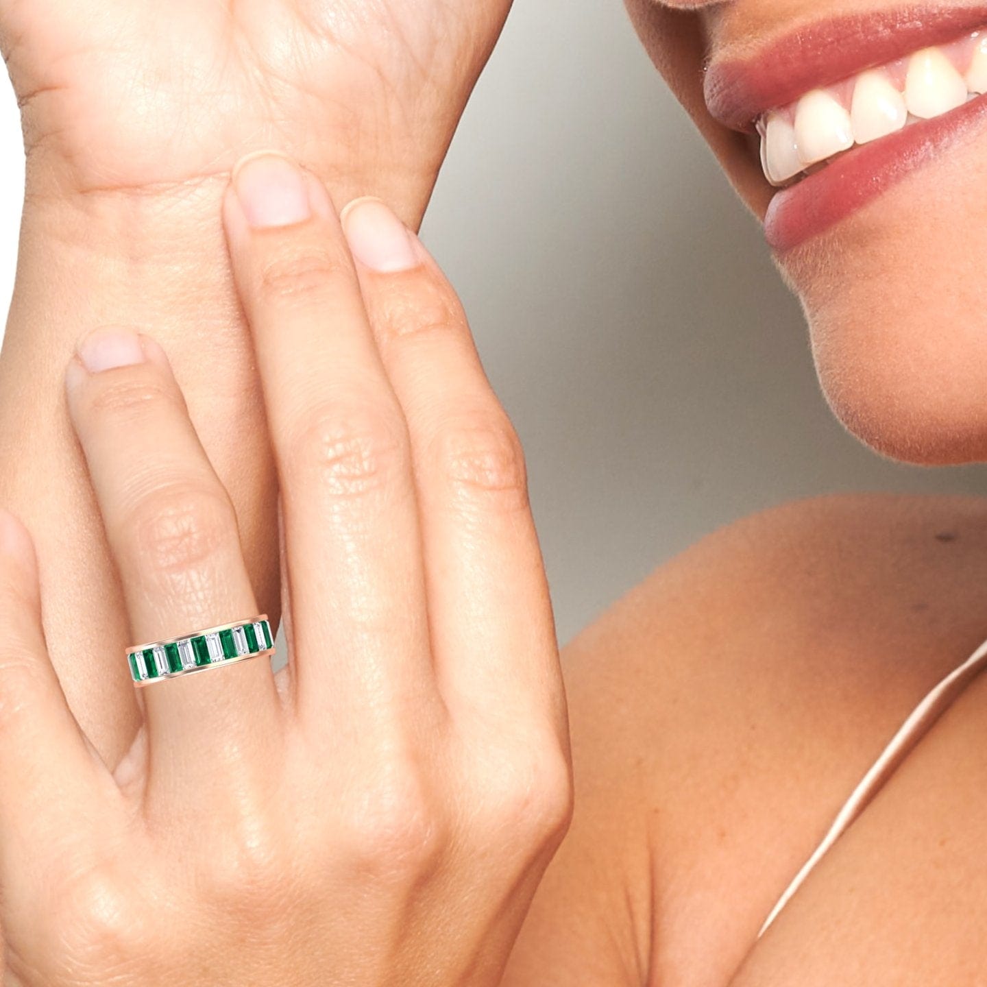 1.17-carat Emerald & Diamond Channel-Set Eternity Band in 14K Rose gold, kyra style, hand second view