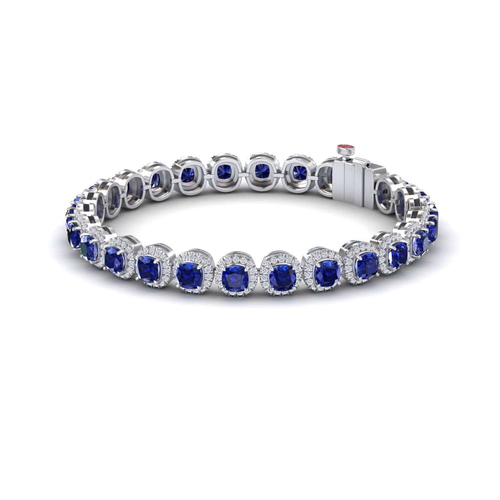 9.88-carat lab grown blue sapphire halo tennis bracelet in 18K white gold, isabella style, front view