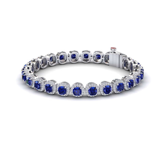 9.88-carat lab grown blue sapphire halo tennis bracelet in 18K white gold, isabella style, front view
