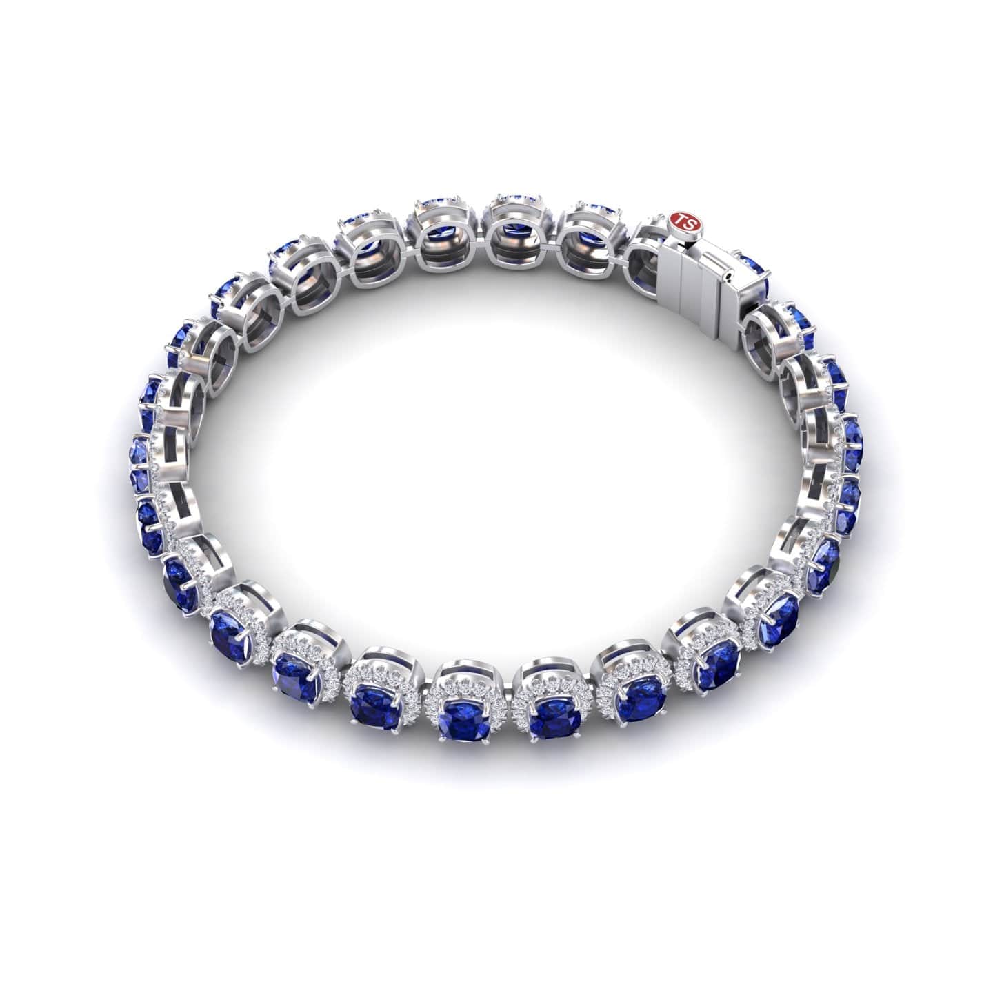 9.88-carat lab grown blue sapphire halo tennis bracelet in 18K white gold, isabella style, side view