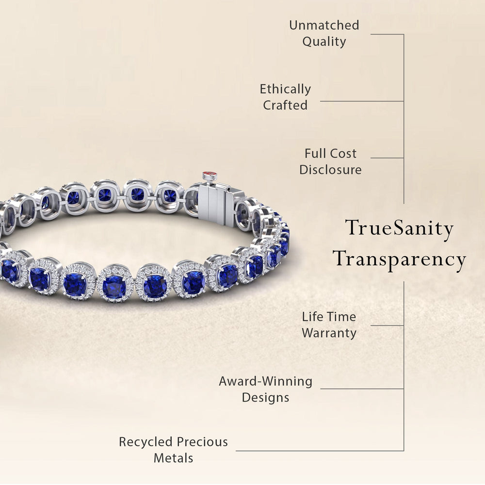9.88-carat lab grown blue sapphire halo tennis bracelet in 18K white gold, isabella style, transparency view