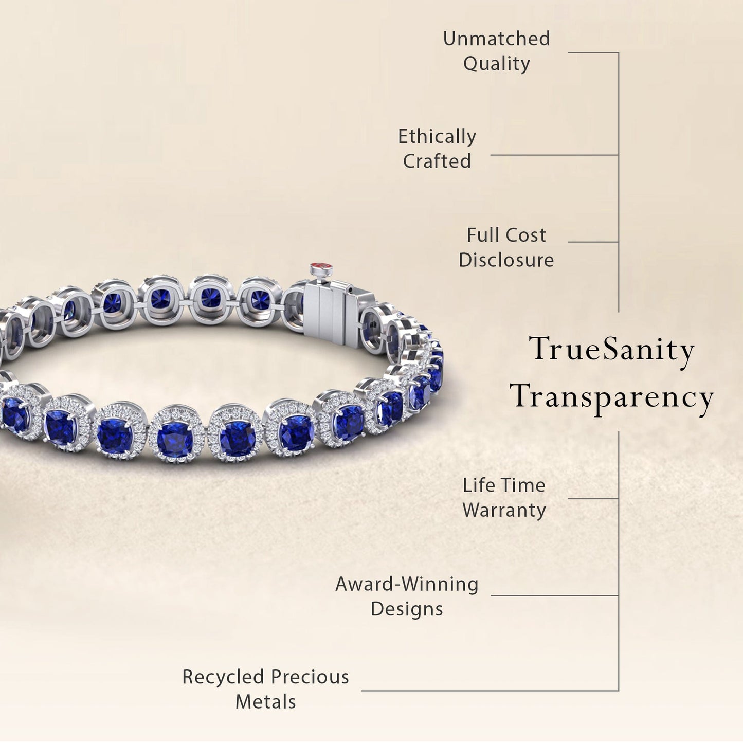 9.88-carat lab grown blue sapphire halo tennis bracelet in 18K white gold, isabella style, transparency view