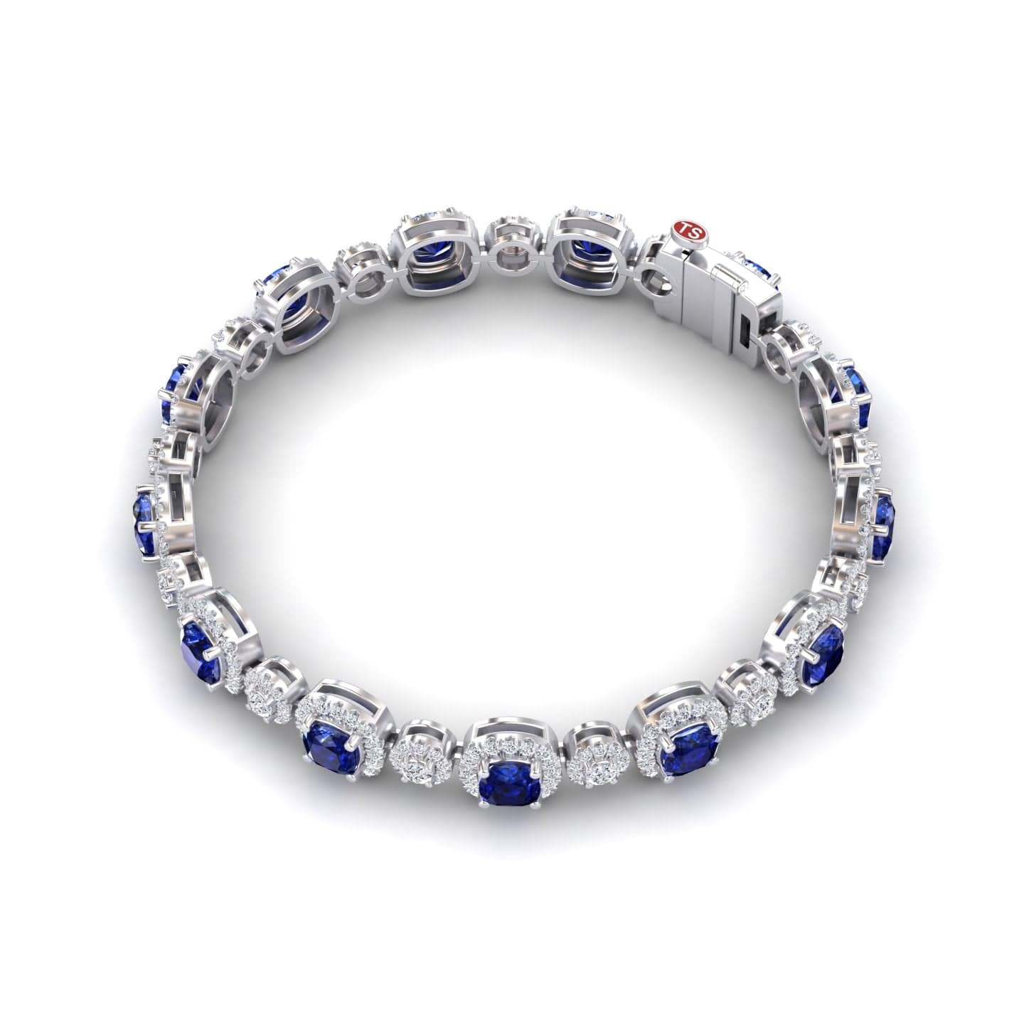 3-carat lab-grown blue sapphire and diamond tennis bracelet in 14K white gold, Erina style,side view
