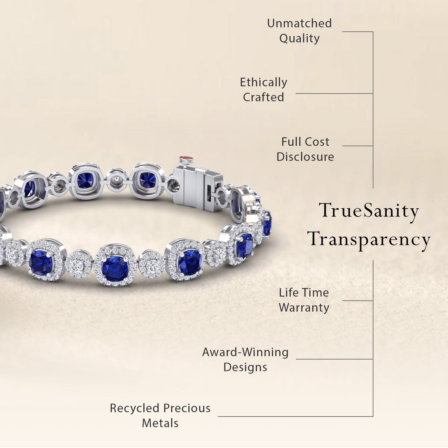 3-carat lab-grown blue sapphire and diamond tennis bracelet in 14K white gold, Erina style, transparency view