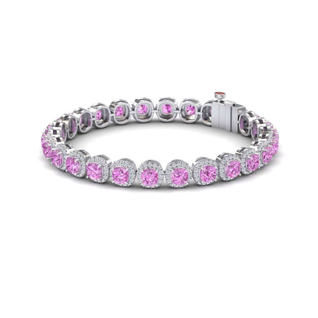 10.4-carat lab grown pink sapphire halo tennis bracelet in 18K white gold, Isabella style, front view