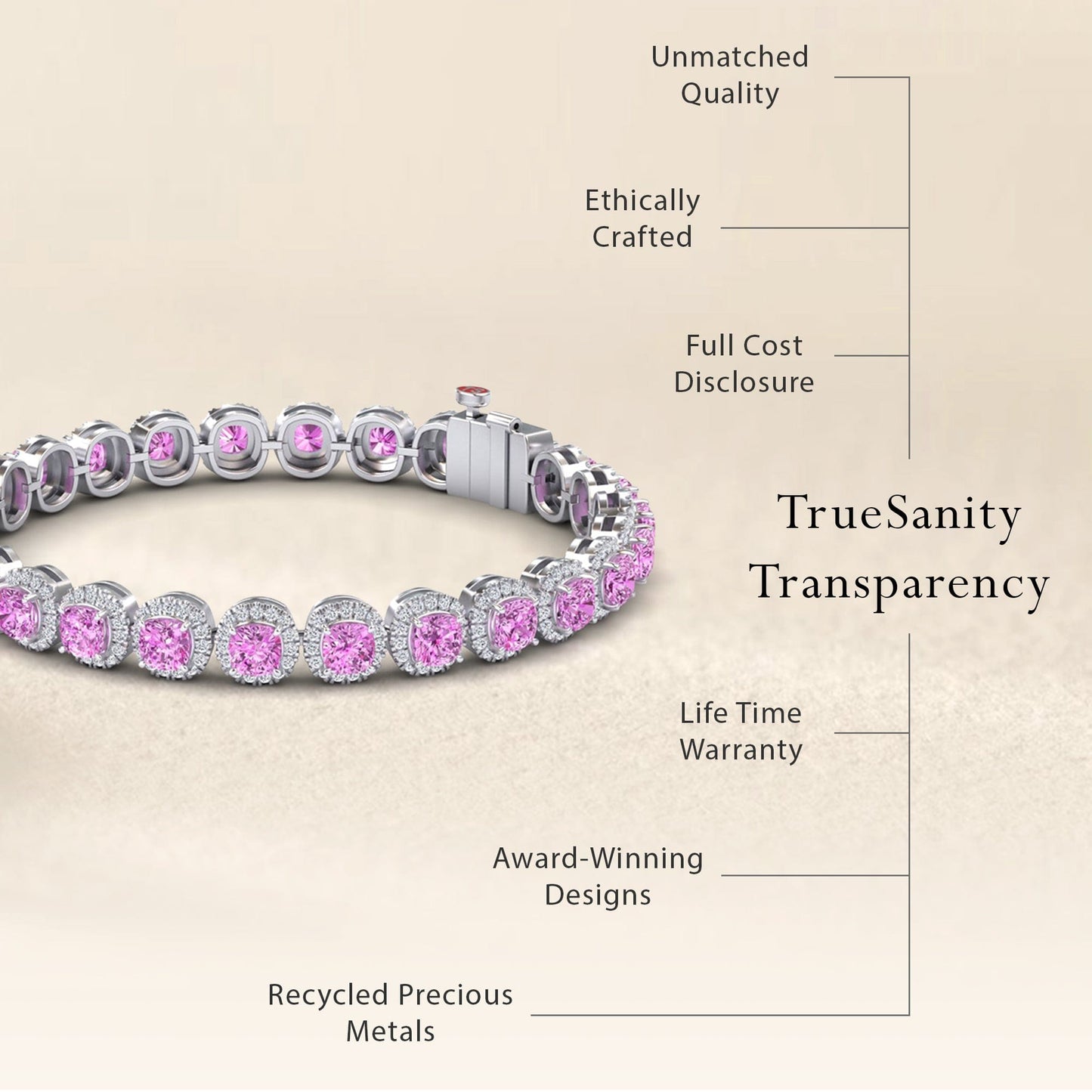 10.4-carat lab grown pink sapphire halo tennis bracelet in 18K white gold, Isabella style, transparency view