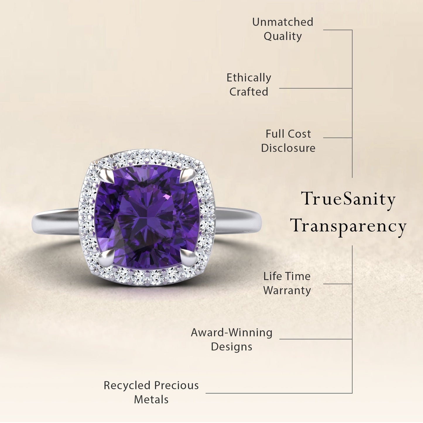Amethyst & Diamond Halo Ring - Ziva