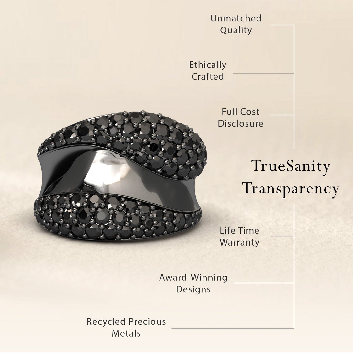 Black Diamond Sculpted Wave Pave Statement Ring - Kiana